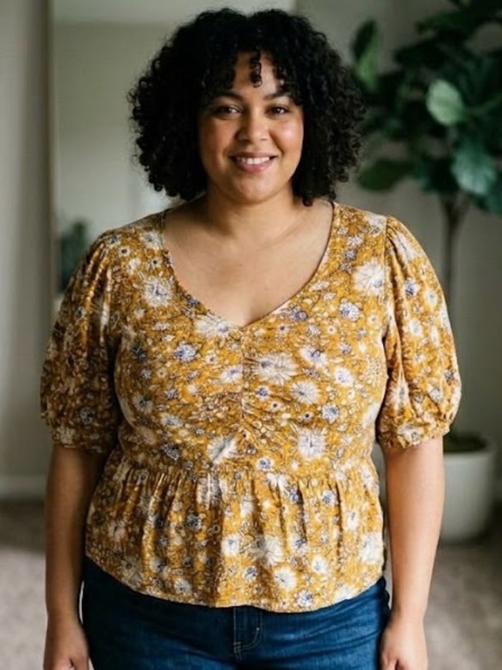 Old Navy Mustard Floral V-Neck Peplum Blouse